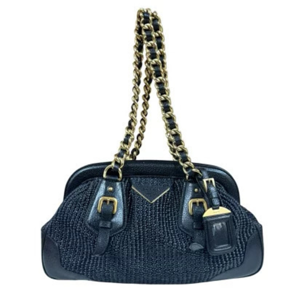 Prada Shoulder Bag Straw Tan Black Chain